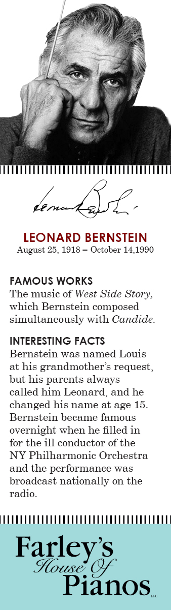 LEONARD BERNSTEIN August 25, 1918 – October 14,1990 FAMOUS WORKS The music of West Side Story, which Bernstein composed simultaneously with Candide. INTERESTING FACTS Bernstein was named Louis at his grandmother's request, but his parents always called him Leonard, and he changed his name at age 15. Bernstein became famous overnight when he filled in for the ill conductor of the NY Philharmonic Orchestra and the performance was broadcast nationally on the radio.