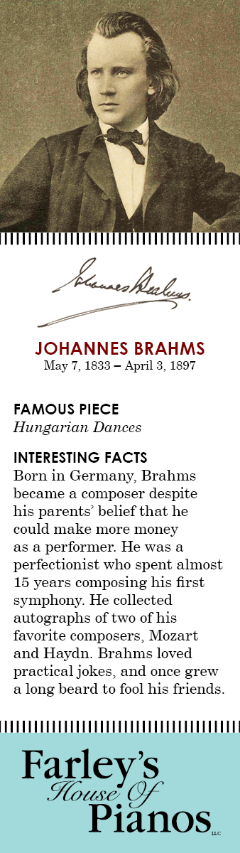 JOHANNES BRAHMS May 7, 1833 – April 3, 1897 FAMOUS PIECE Hungarian Dances INTERESTING FACTS Born in Germany, Brahms became a composer despite his parents' belief that he could make more money as a performer. He was a perfectionist who spent almost 15 years composing his first symphony. He collected autographs of two of his favorite composers, Mozart and Haydn. Brahms loved practical jokes, and once grew a long beard to fool his friends. 