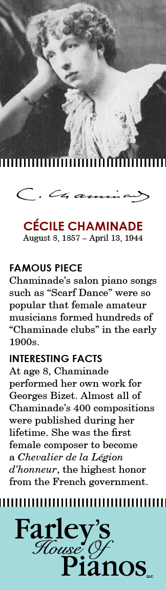 CÉCILE CHAMINADE August 8, 1857 – April 13, 1944 FAMOUS PIECE Chaminade's salon piano songs such as Scarf Dance were so popular that female amateur musicians formed hundreds of Chaminade clubs in the early 1900s. INTERESTING FACTS At age 8, Chaminade performed her own work for Georges Bizet. Almost all of Chaminade's 400 compositions were published during her lifetime. She was the first female composer to become a Chevalier de la Légion d'honneur, the highest honor from the French government.