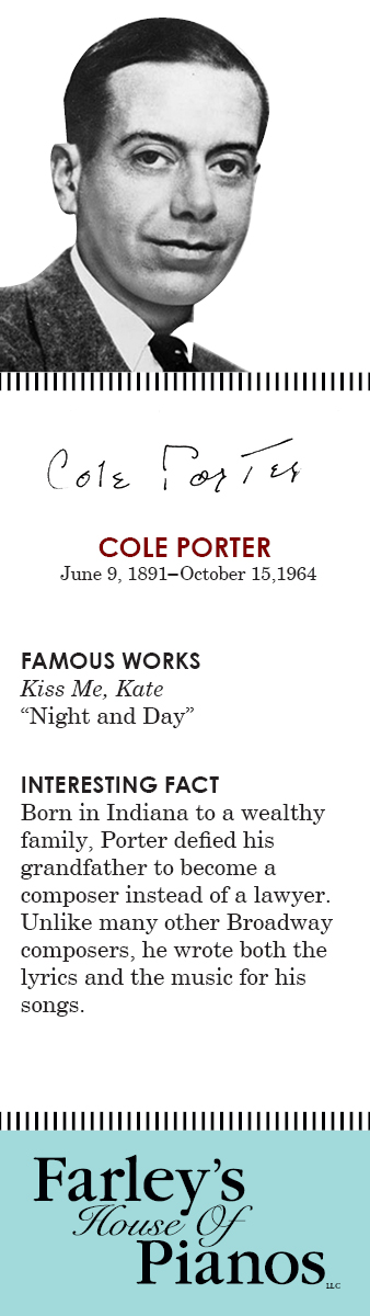 COLE PORTER  June 9, 1891–October 15,1964 FAMOUS WORKS Kiss Me, Kate, Night and Day INTERESTING FACT Born in Indiana to a wealthy family, Porter defied his grandfather to become a composer instead of a lawyer. Unlike many other Broadway composers, he wrote both the lyrics and the music for his songs.