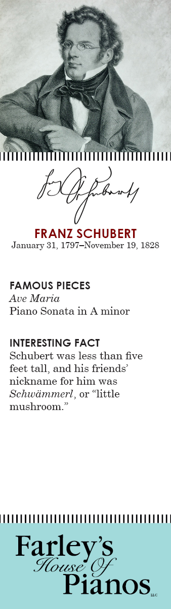 FRANZ SCHUBERT January 31, 1797–November 19, 1828 FAMOUS PIECES Ave Maria, Piano Sonata in A minor INTERESTING FACT Schubert was less than five feet tall, and his friends' nickname for him was Schwämmerl, or little mushroom.