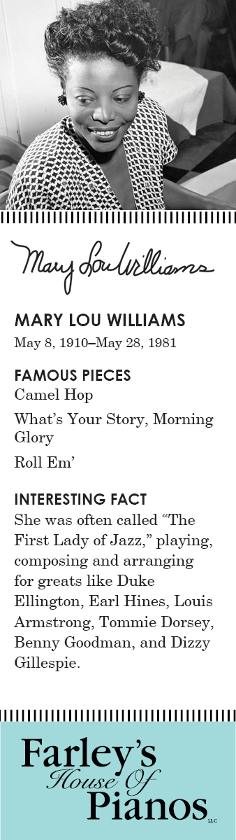 MARY LOU WILLIAMS May 8, 1910–May 28, 1981 FAMOUS PIECES Camel Hop; What's Your Story, Morning Glory; Roll Em' INTERESTING FACT She was often called The First Lady of Jazz, playing, composing and arranging for greats like Duke Ellington, Earl Hines, Louis Armstrong, Tommie Dorsey, Benny Goodman, and Dizzy Gillespie.